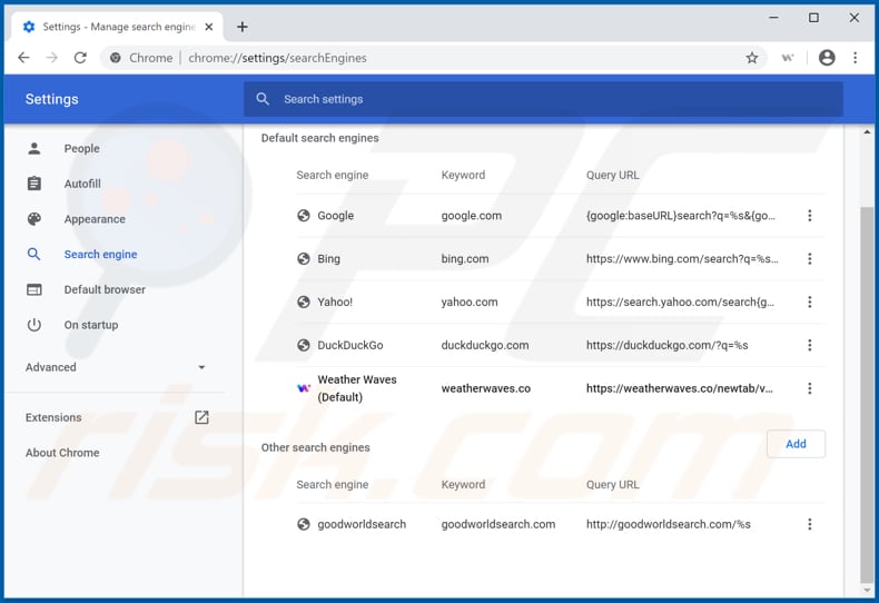 Removing weatherwaves.co from Google Chrome default search engine