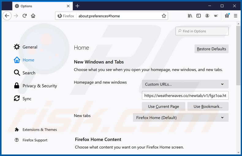 Removing weatherwaves.co from Mozilla Firefox homepage