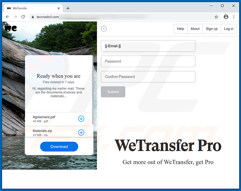 Phishing website promoted via WeTransfer spam emails
