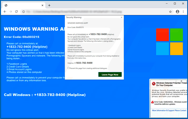 Windows Warning Alert pop-up scam