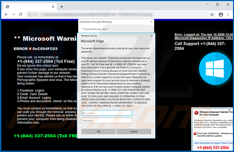 Activation Error 0xC004FC03 pop-up scam variant April 17, 2020