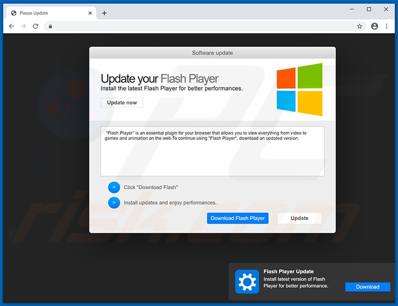 Deceptive website promoting fake Adobe Flash Player installer