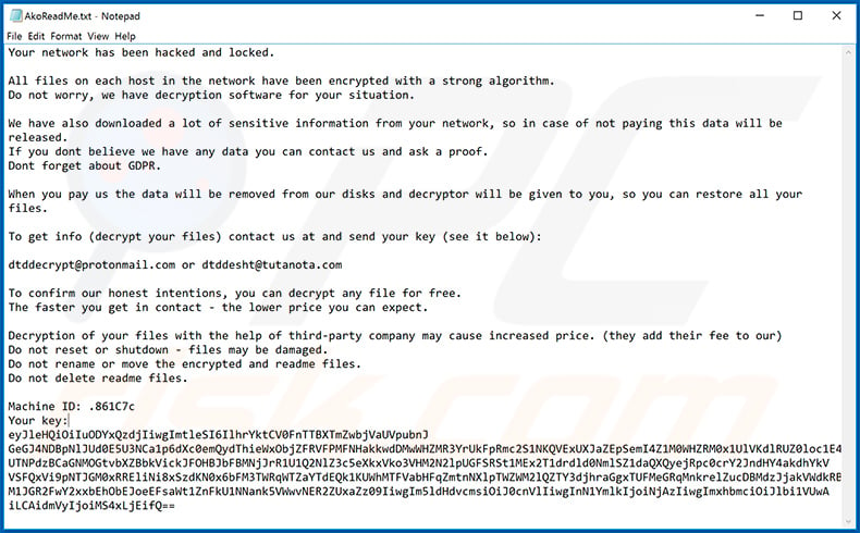 Ako ransomware text file (AkoReadMe.txt)