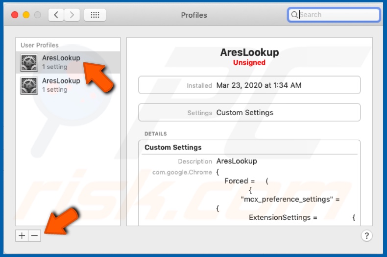 Remove rogue profiles designed to promote AresLookup (Step 2)
