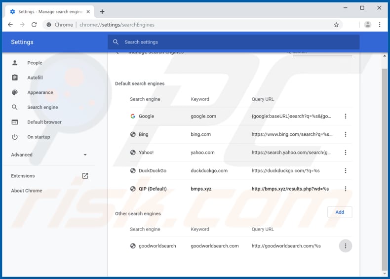 Removing bmps.xyz from Google Chrome default search engine