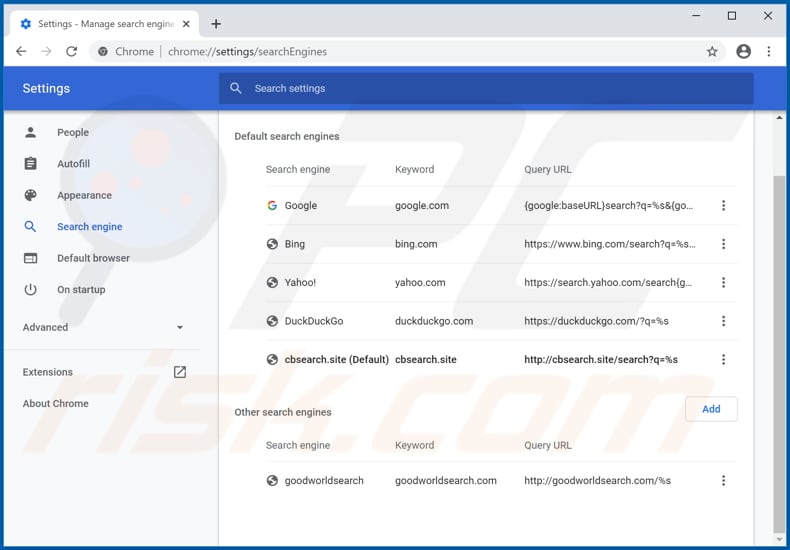 Removing cbsearch.site from Google Chrome default search engine