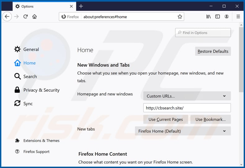 Removing cbsearch.site from Mozilla Firefox homepage