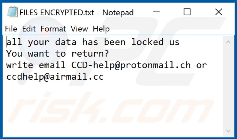 CCD ransomware text file (FILES ENCRYPTED.txt)
