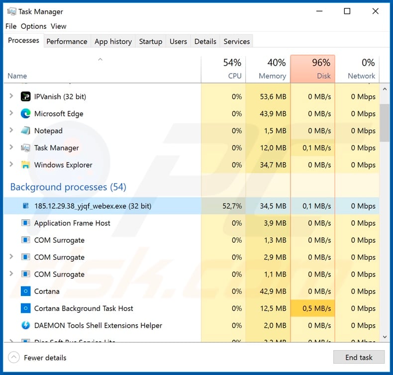 Malware, installed via fake Cisco WebEx installer, process on task manager