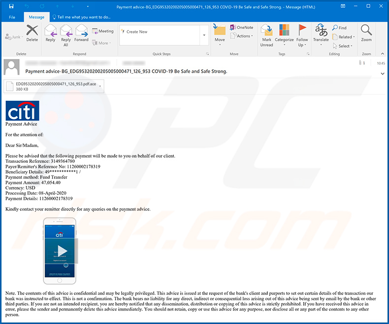 CitiBank spam email distributing Agent Tesla RAT