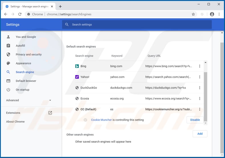 Removing cookiemuncher.org from Google Chrome default search engine