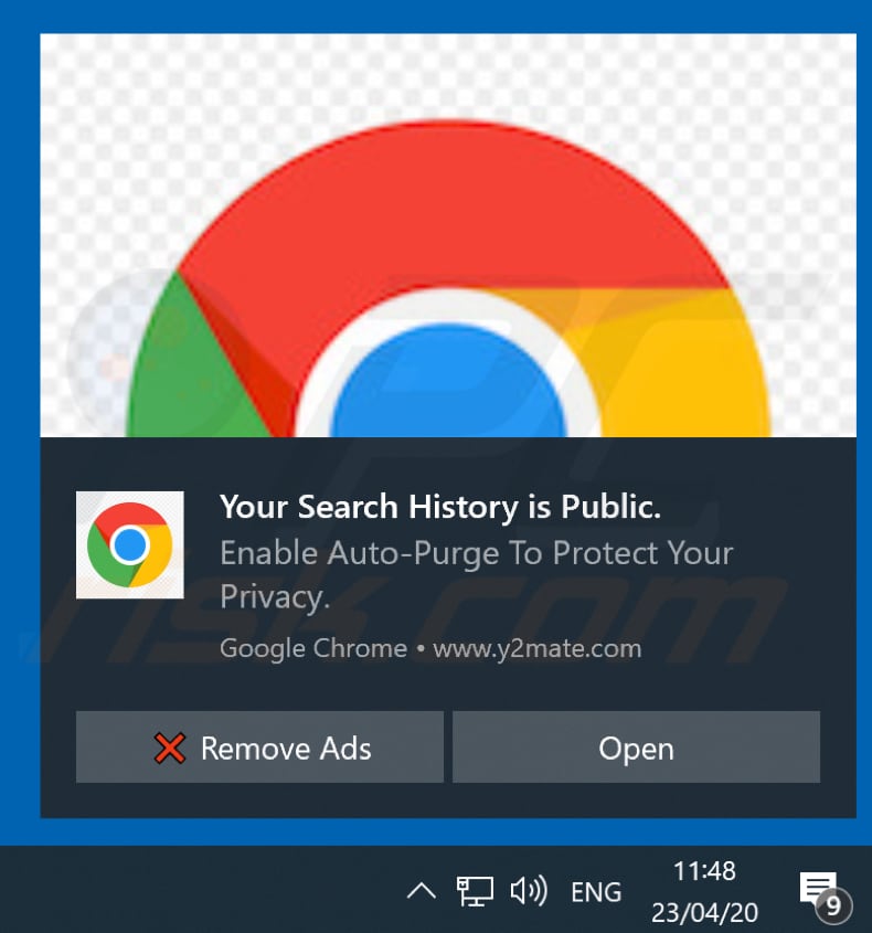browser notification delivered by y2mate.com promoting cookie muncher