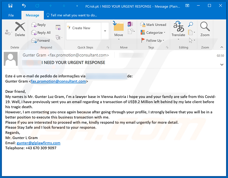 Coronavirus-related phishing email