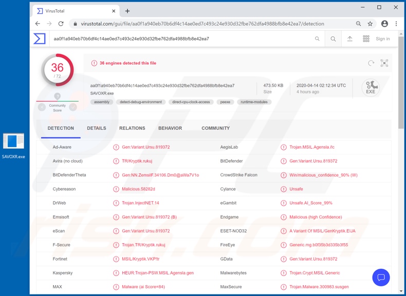 Malicious attachment distributed through COVID 19 HELP DESK Email Virus spam campaign detection on VirusTotal