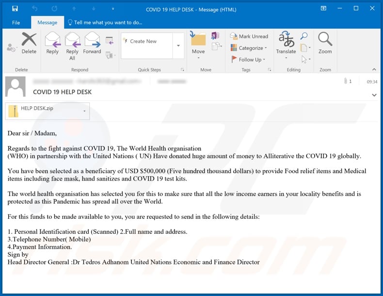 COVID 19 HELP DESK Email Virus malware-spreading email spam campaign