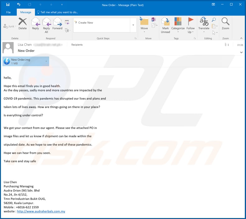 COVID-19 Pandemic Email malware-spreading email spam campaign