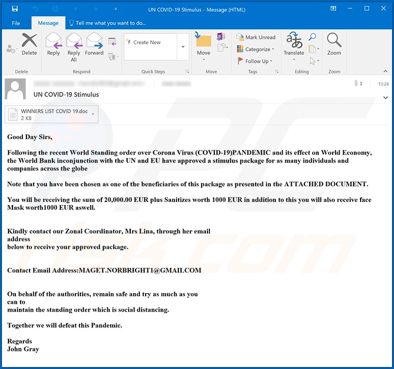 COVID-19 Stimulus Email Virus malware-spreading email spam campaign