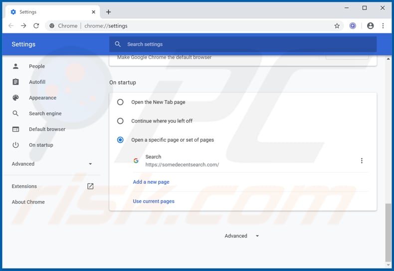 Removing somedecentsearch.com from Google Chrome homepage