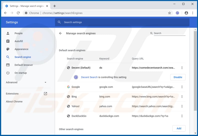 Removing somedecentsearch.com from Google Chrome default search engine