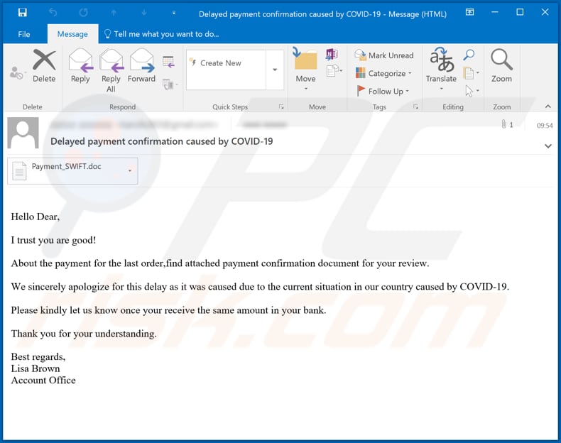 Delayed payment confirmation caused by COVID-19 malware-spreading email spam campaign