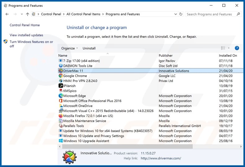 DriverMax adware uninstall via Control Panel