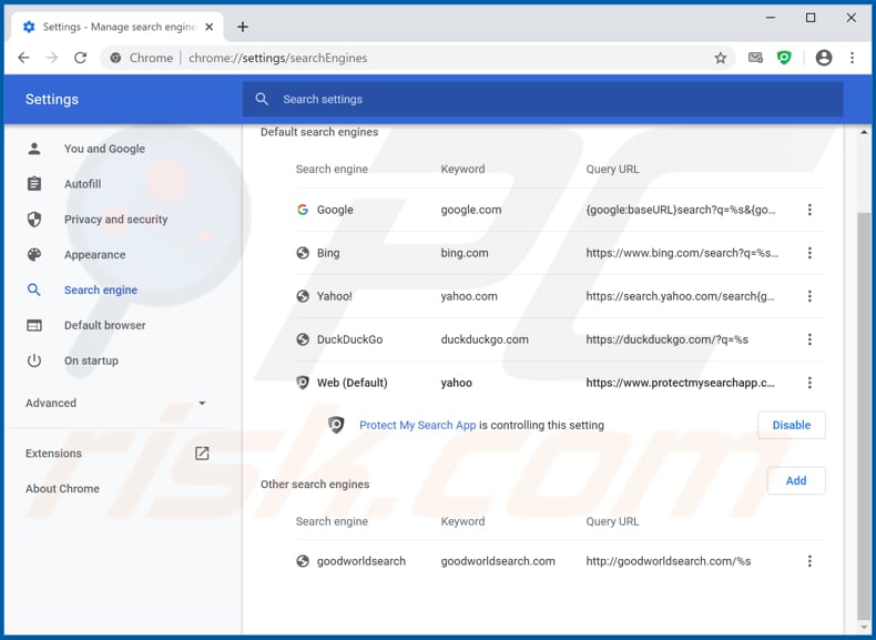 Removing easyemailplus.com from Google Chrome default search engine