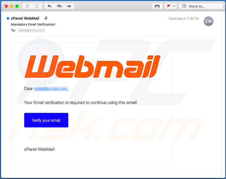 Email credentials phishing spam email relating to Webmail