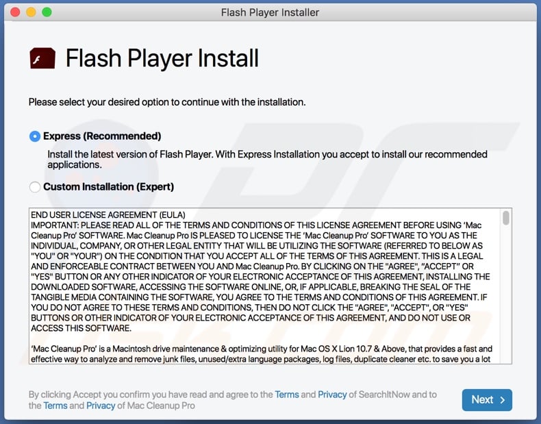 ExpertProjectSearch adware proliferated using fake Flash Player updater/installer