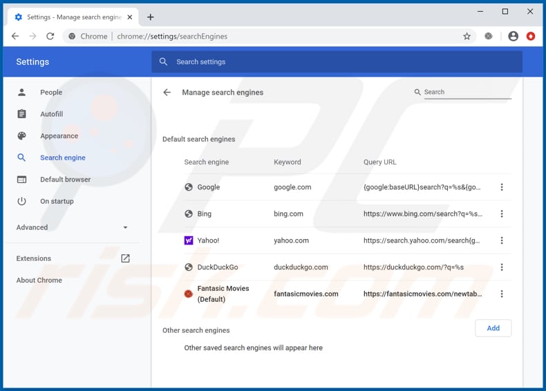 Removing fantasicmovies.com from Google Chrome default search engine