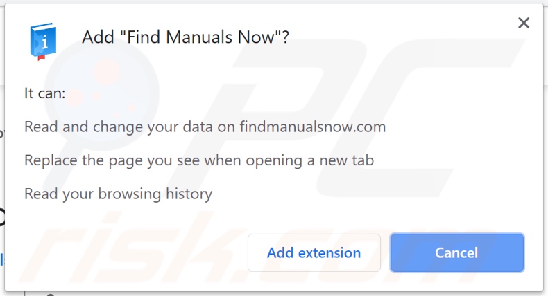 Find Manuals Now browser hijacker asking for permissions