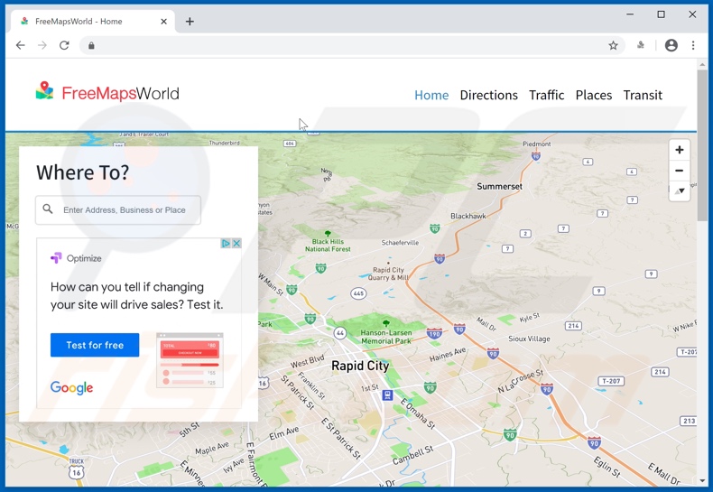 Website used to promote Free Maps World Promos adware