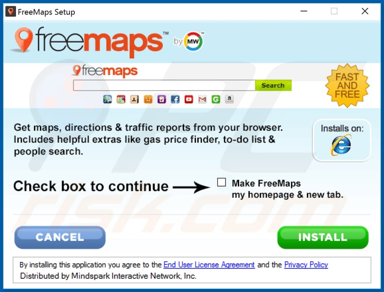 Official FreeMaps browser hijacker installation setup