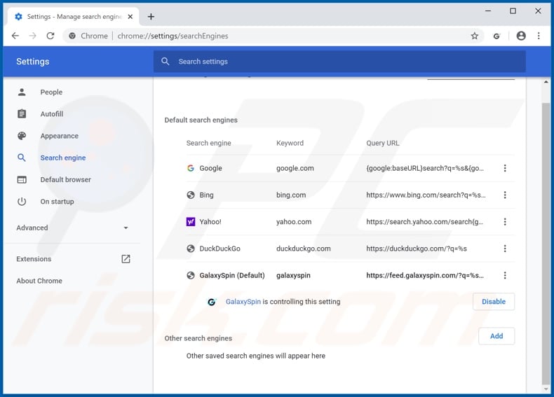 Removing galaxyspin.com from Google Chrome default search engine