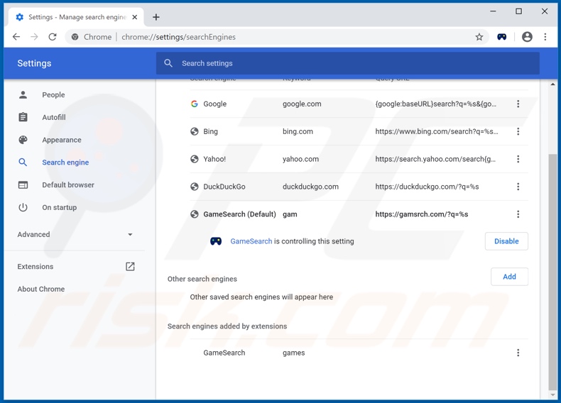 Removing gamsrch.com from Google Chrome default search engine