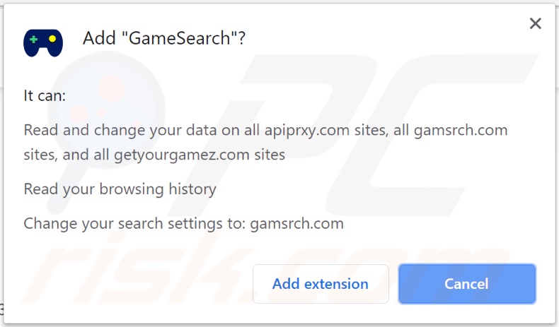 GameSearch browser hijacker asking for permissions