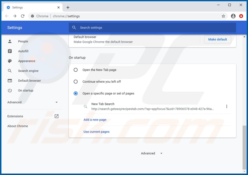 Removing search.geteasyrecipestab.com from Google Chrome homepage