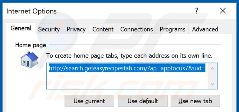 Removing search.geteasyrecipestab.com from Internet Explorer homepage