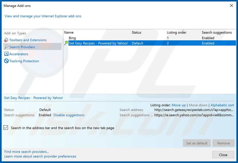 Removing search.geteasyrecipestab.com from Internet Explorer default search engine