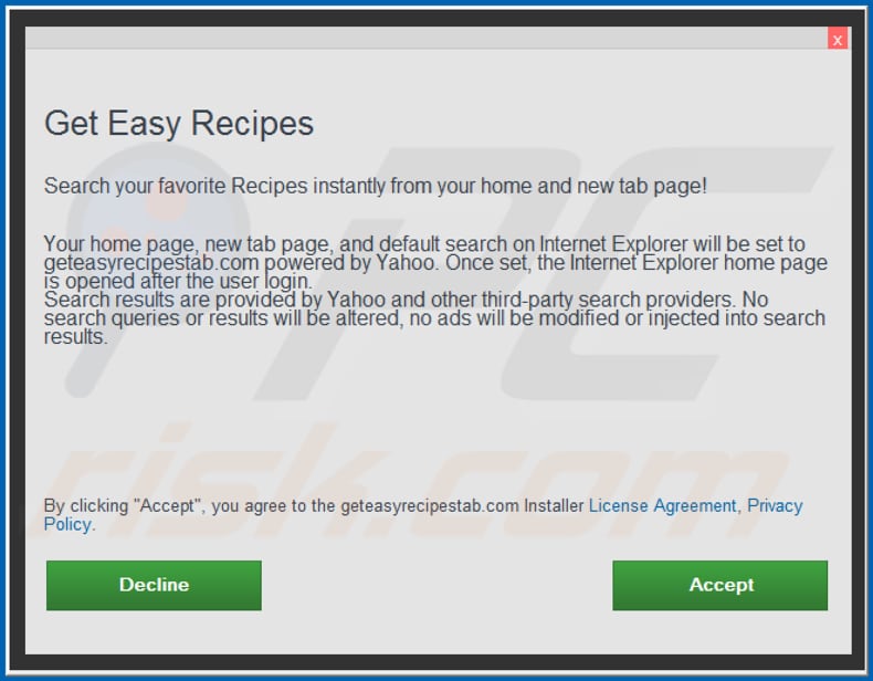 Official Get Easy Recipes browser hijacker installation setup