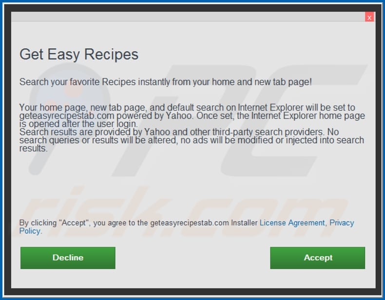 Official Get Easy Recipes browser hijacker installation setup