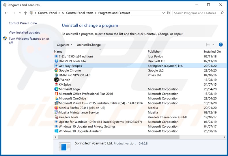 search.geteasyrecipestab.com browser hijacker uninstall via Control Panel