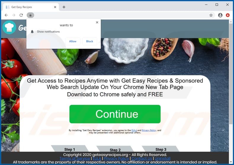 Website used to promote Get Easy Recipes browser hijacker