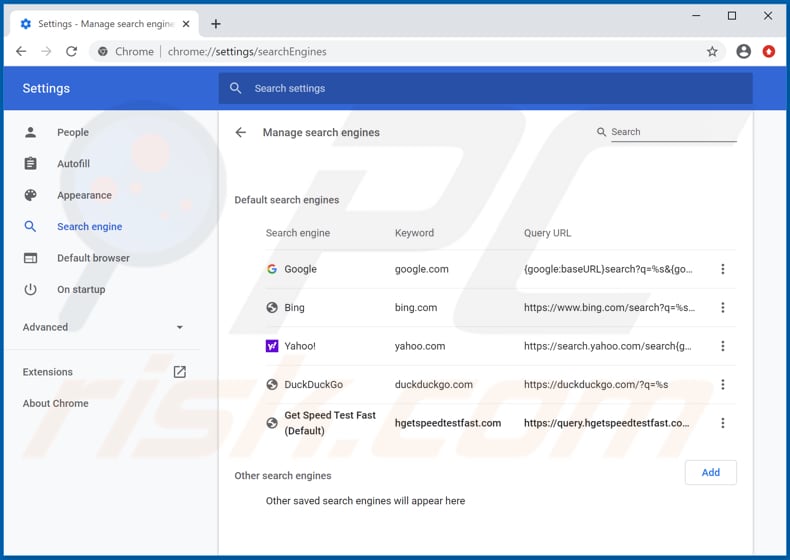 Removing search.hgetspeedtestfast.com from Google Chrome default search engine