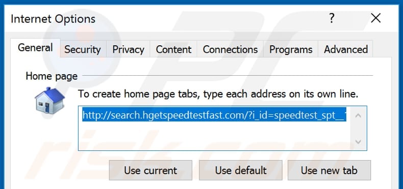  Suppression search.hgetspeedtestfast.com depuis la page d'accueil d'Internet Explorer 