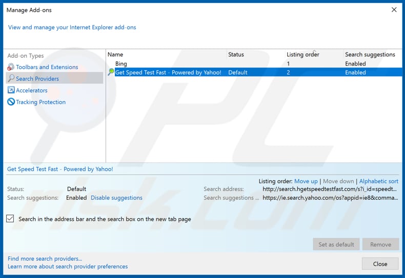 Removing search.hgetspeedtestfast.com from Internet Explorer default search engine