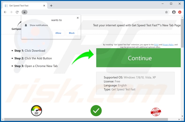 strona promująca Get Speed Test fast browser hijacker