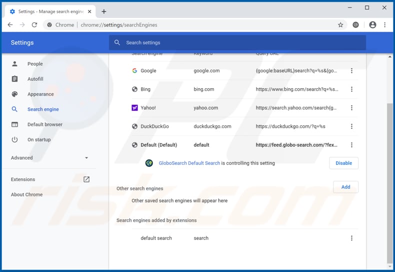 Removing globo-search.com from Google Chrome default search engine