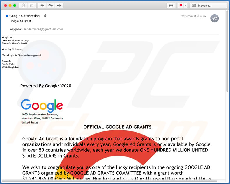 Google Ad Grant Email Scam email spam campaign