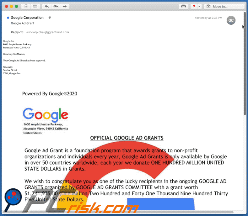 Google Ad Grant Email Scam email spam campaign